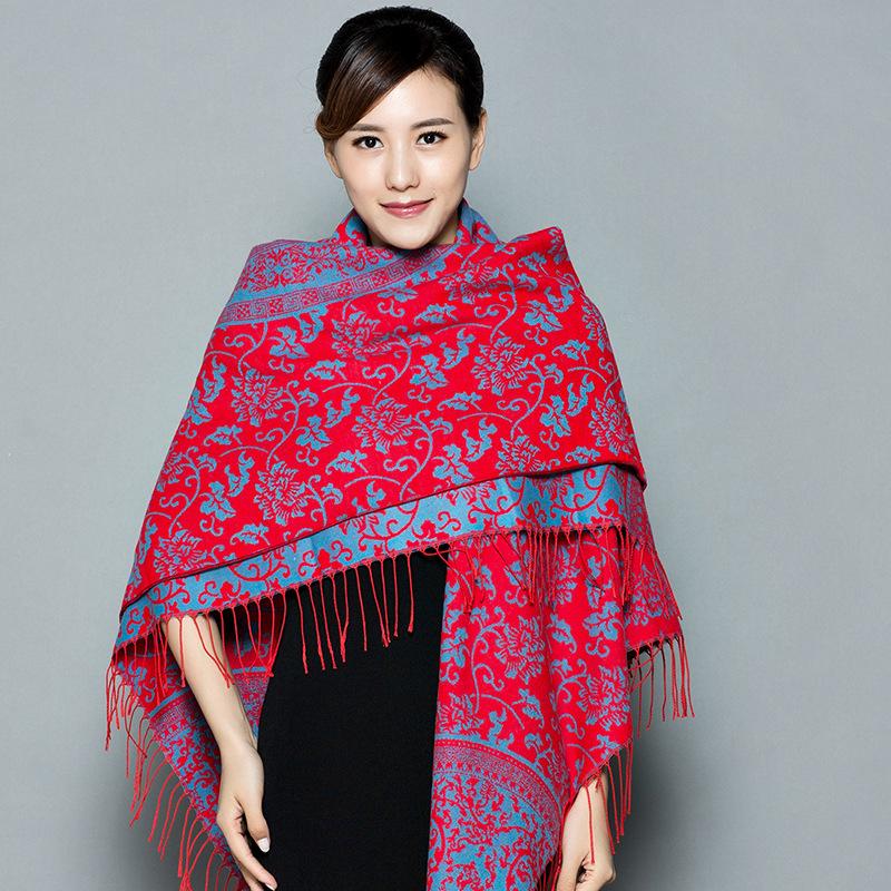 Ethnic Style Blue White Porcelain Faux Cashmere Scarf For Women Winter Autumn Travel Gift