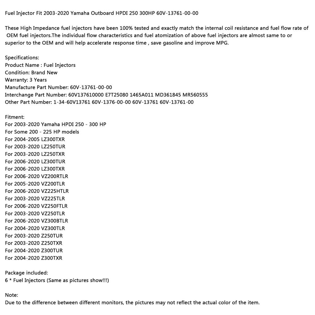 6Pcs Fuel Injector Fit for 2003-2020 Yamaha Outboard HPDI 250 300HP 60V-13761-00-00