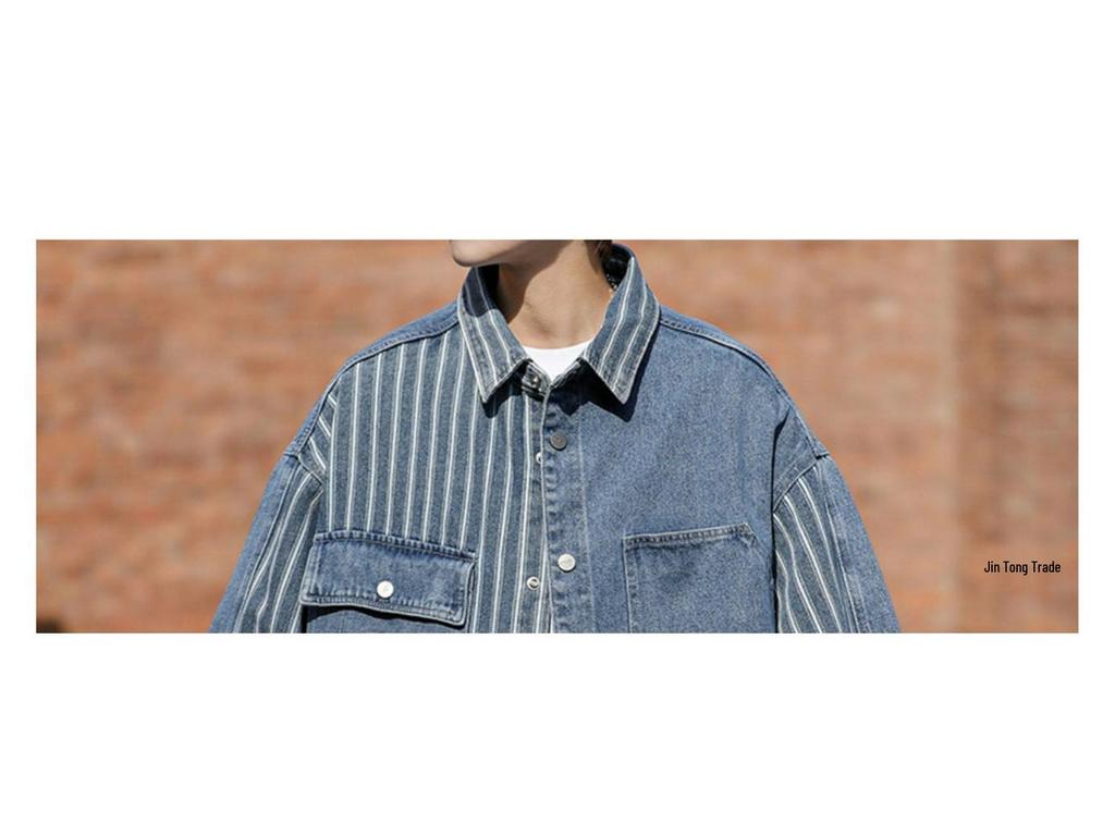 Herrjacka Vår/Höst Randig Lapptäcke Denimjacka - Trendig, Cool, Lös Passform, Tvättad Arbetskläder i Amerikansk Hong Kong-stil.