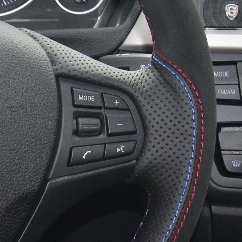 Handgjort äkta läder Svart mocka Bilrattöverdrag för BMW F30 F31 F34 F20 F21 F22