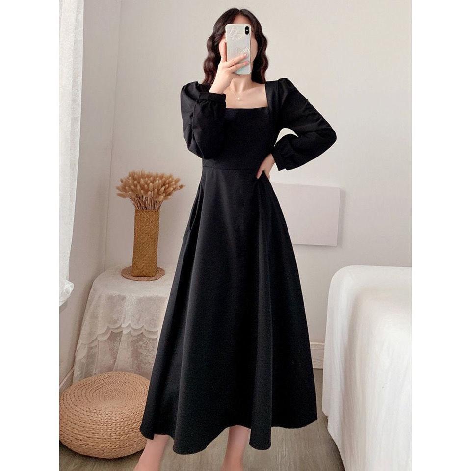 Long Dress Women Fashion Dress Women's Long-sleeved Skirt Temperament Square Collar Over The Knee Long Hepburn Style Small Black Dress