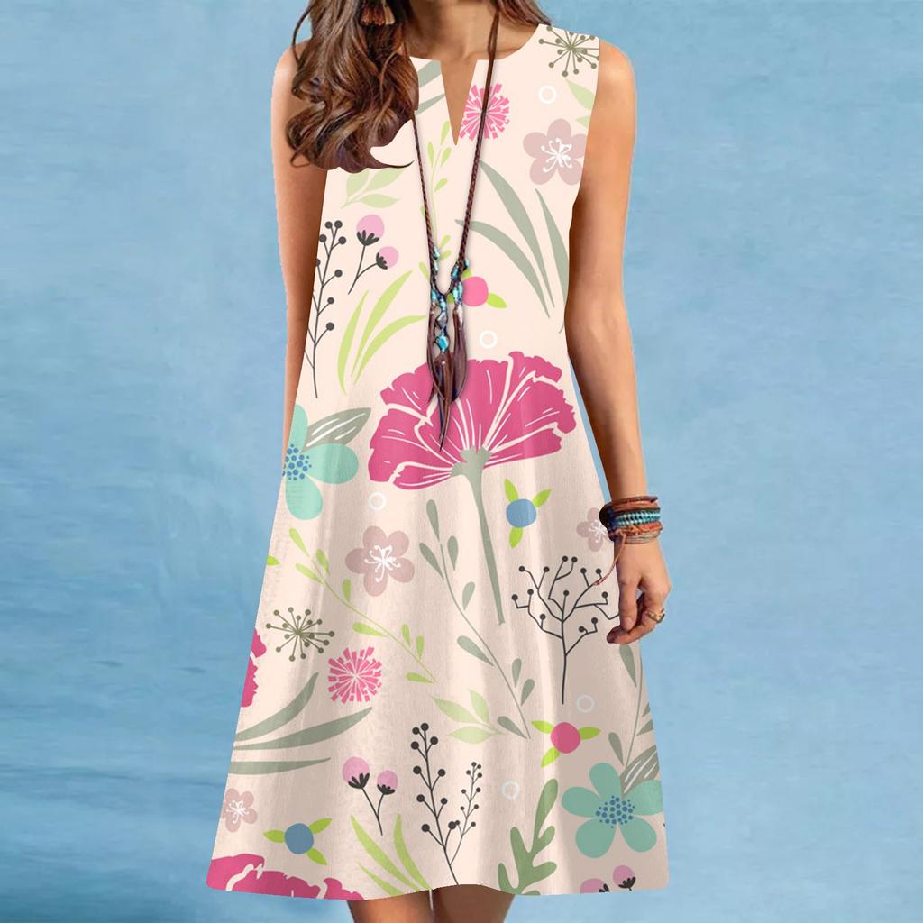 Mode Frauen V-ausschnitt Blumen Druck Ärmellose Tunika Kleider Plus Größe T-shirt Kleid
