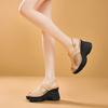 Leather Sandals Women's 2025 Summer New Slope Heel Beach Shoes Breathable Mesh Hollowed Casual Fish Mouth Muffin Sandals