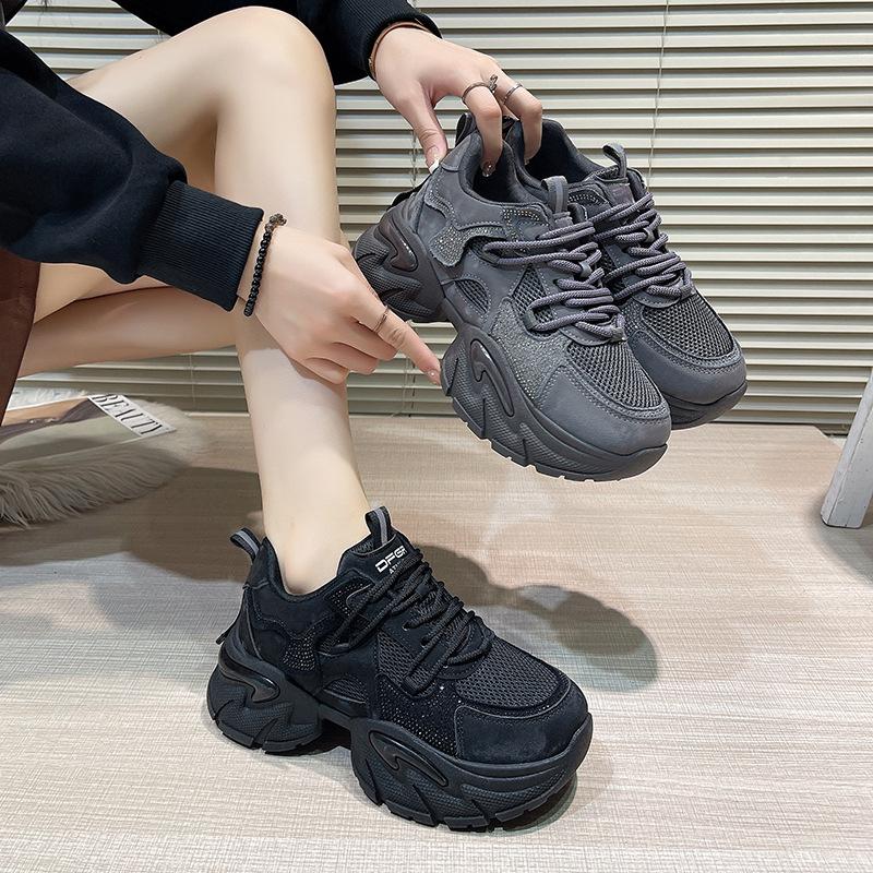 Rhinestone Daddy shoes breathable mesh autumn new 2025 new year super fire muffin platform sports casual shoes women