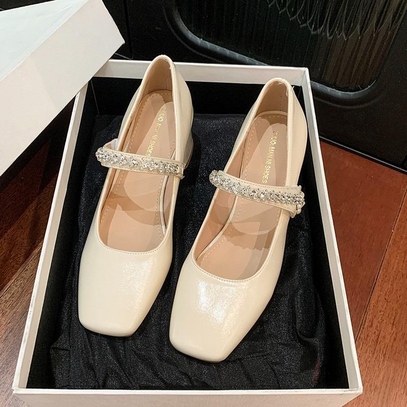 Leather Summer Women's Shoes New Shallow Mouth Mary Jane Single Shoes One-word Skirt Thick Heel Single Shoes Women