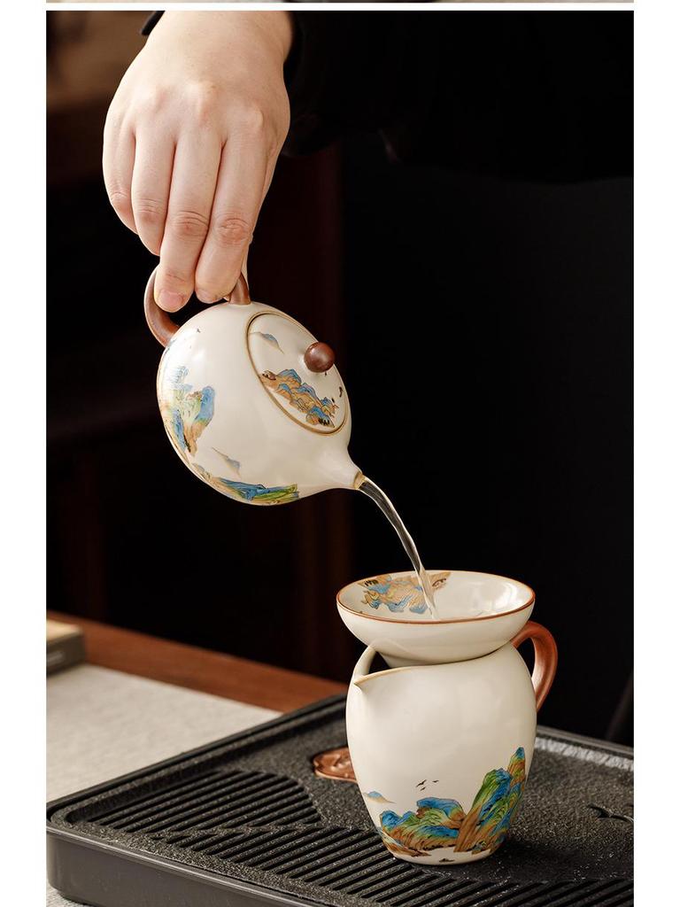 Ru Kiln Light Luxury Tea Set: 'A Thousand Li of Rivers and Mountains' - Complete Teapot and Teacups Gift Box for Elders
