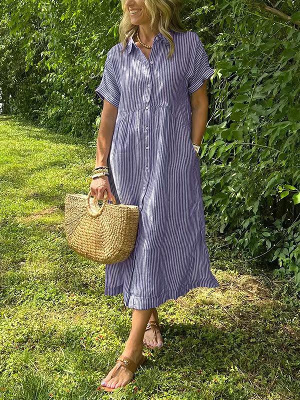 Vestido Camisa de Algodón Lino Rayado Casual de Verano para Mujer Talla Grande 2025