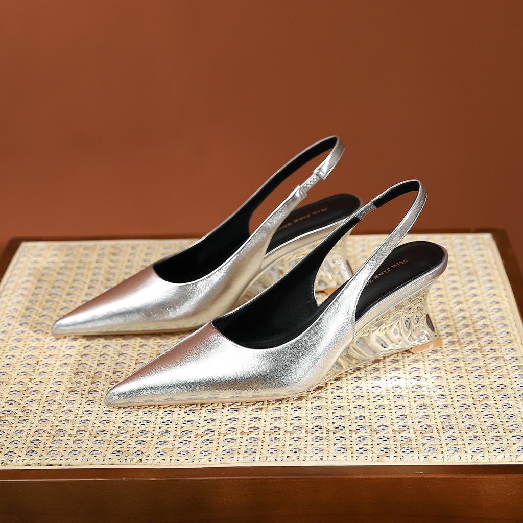 Fashion Luxury Wedges Silver Sandals Woman Slingback Block High Heels Shoes Ladies Office Rear Strap Sandalias Pointed Toe Tacones Mujer