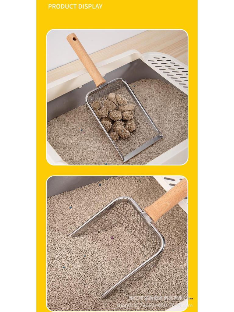 Wooden Handle Stainless Steel Cat Litter Scoop with Large Holes - Ideal for Tofu Litter and Reptile Sand