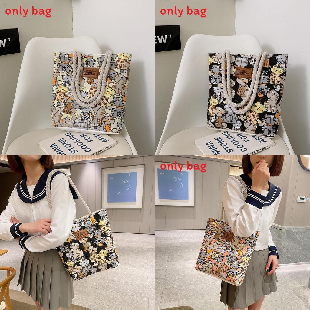 Cute Cartoon Cat Pattern Women Casual Large Capacity Canvas Bag For Daily Use And Street Fashion