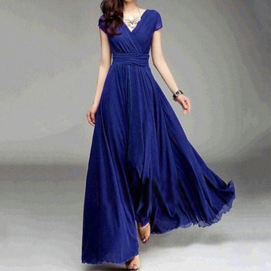 Plus Size Solid Color Women Party Suknia V Neck Krótki rękaw Slim Fit Maxi Dress