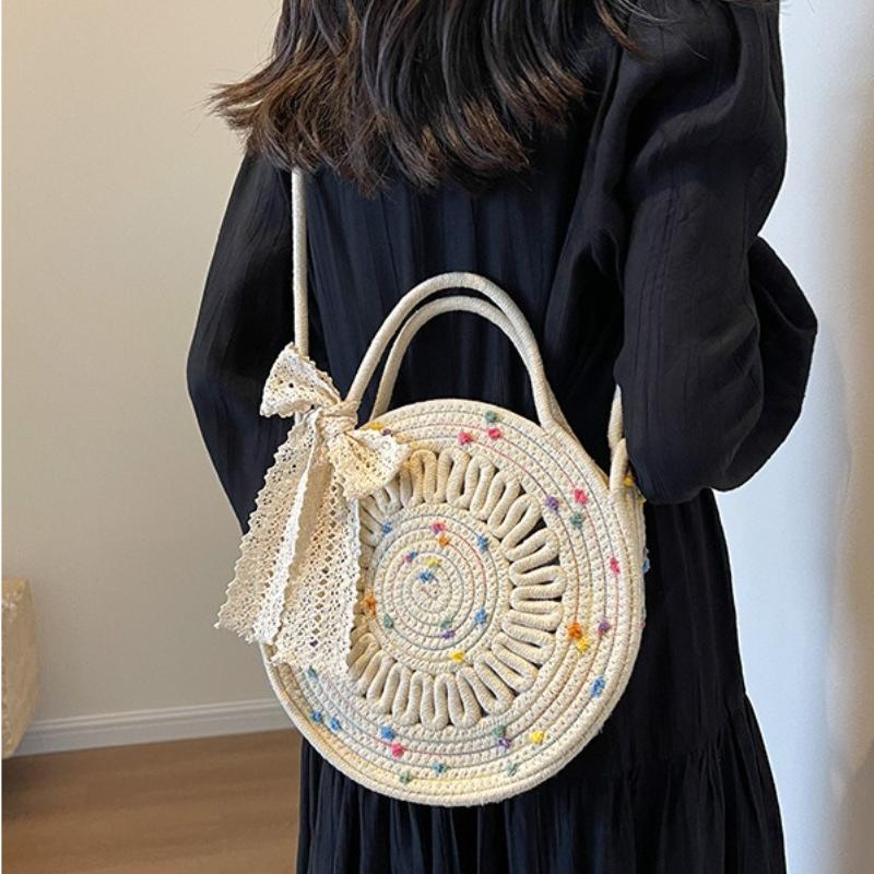 Rattan Gewebte Runde Frauen Stroh Tasche Handtasche Stricken Sommer Strand Tasche Frau Schulter Messenger Tasche Quaste Khaki Beige Taschen