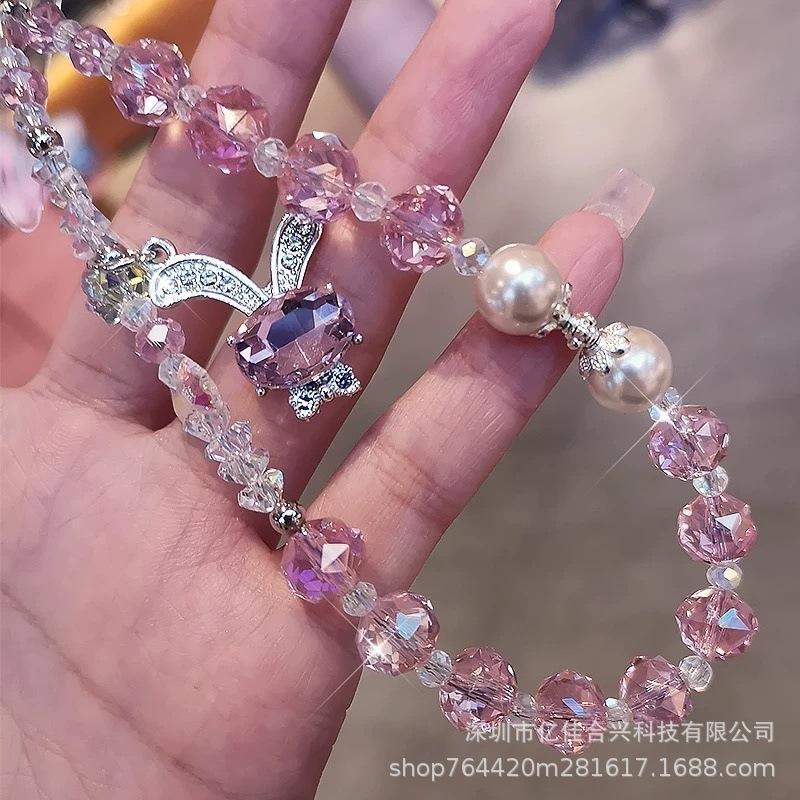 New Crystal Pearl Crystal Lanyard Beaded Mobile Phone Lanyard Wholesale Dream Rabbit Rhinestone Pendant