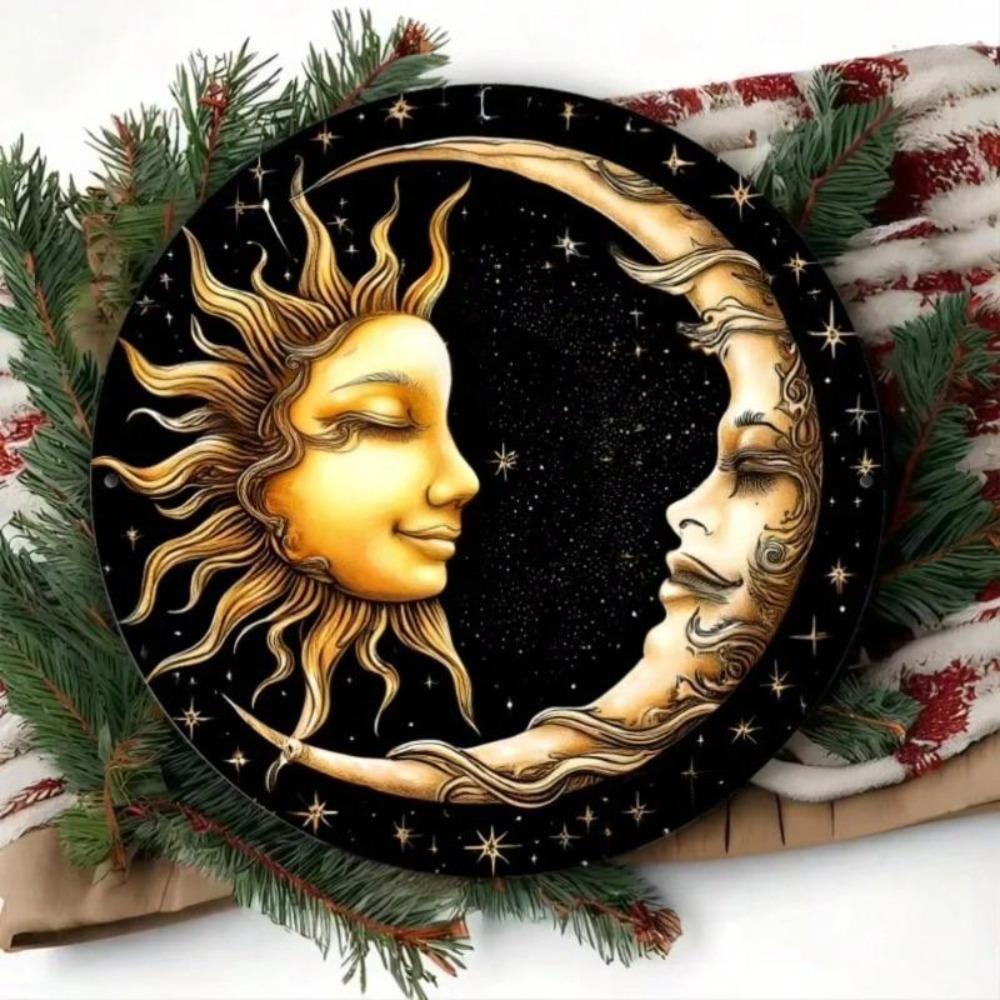 Vintage Sun Moon Metal Wall Art Red Berries Round Iron Tin Sign Indoor Outdoor Decor