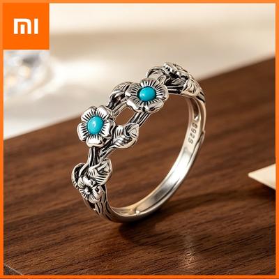 BF CLUB 925 Sterling Silver Ring For Women Jewelry Open Blue Stone Flower Vintage Handmade Ring Allergy For Party Birthday Gift