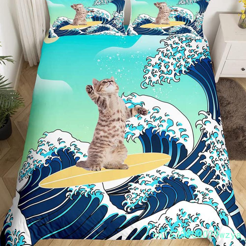 Katze Bettbezug Set Aquarell Wal Fischen Bettwäsche Set Ozean Meereswelle Bettdeckenbezug Marine Nautisch Themen Tagesdecke Bezug
