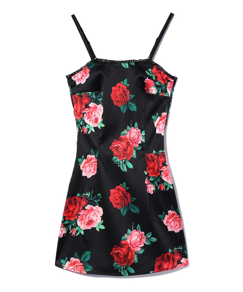 YOUHEE Satin Flower Pattern Dress Black