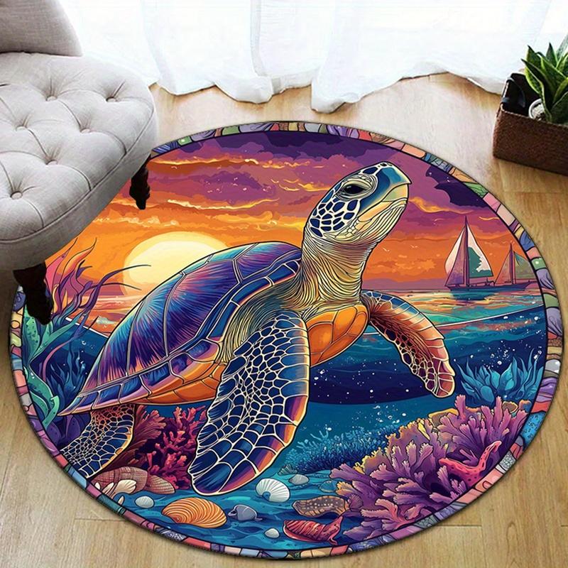 

Vibrant Turtle Coral Reef Sunset Flannel Rug Printed Round Mat Ocean Life Decor Coastal Style Home Furniture Bedroom Floor Cover 60CM(23.6inch)