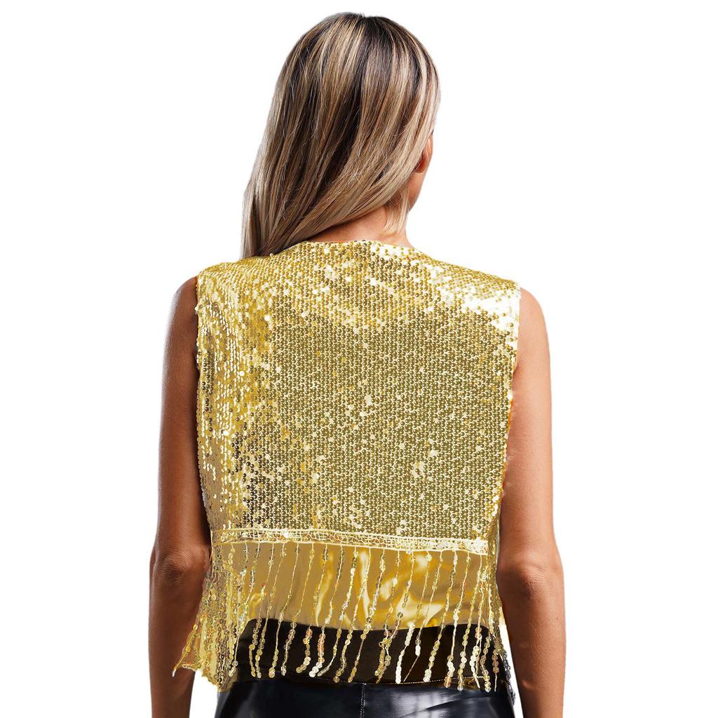 Damen 70er Jahre Disco Cowgirl Weste S-XL: Glänzende Pailletten-Weste mit Fransen, Offene Vorderseite, Vintage Western Party Kostüm