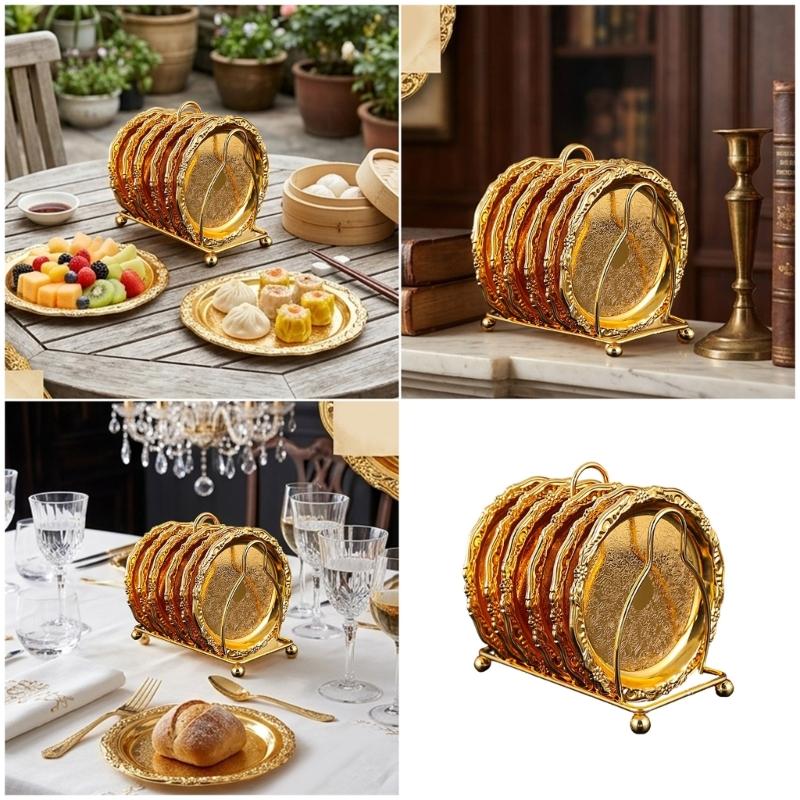 Pakket van 6 Elegante Legering Dessertschaaltjes Met Houder Standaard Voor Fruit Snacks En Koffiedrank Onderzetters Voor Afternoon Tea