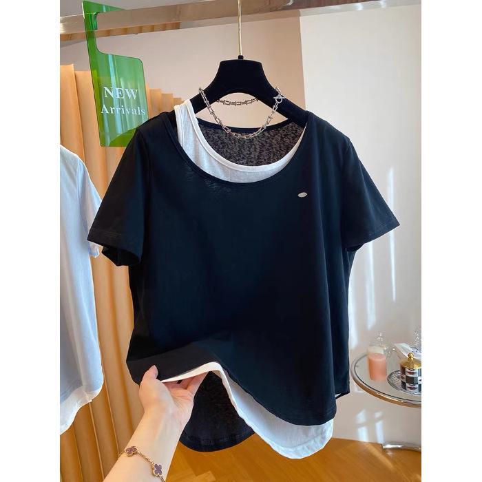 Plus Size Korean Snowflake Cotton Two-Piece Look T-Shirt, Women's Short Sleeve, Loose Casual Top (2026)