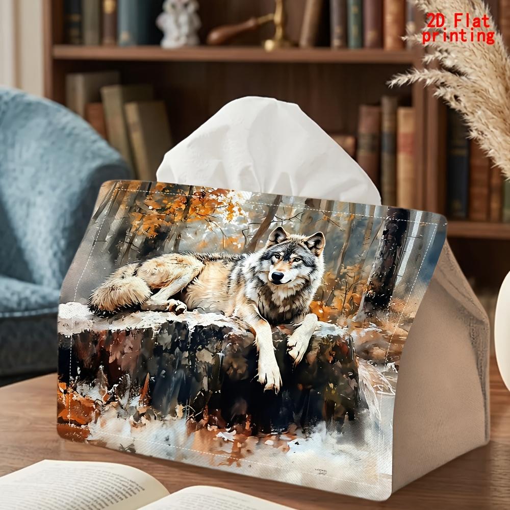 2D Flat 1pc, Tissue Box. Autumn Forest Wolf Shadow Pattern Napkin Dispenser Box, Reusable, Daily Desktop Tissue Storage Box, Suitable for Kitchen, Liv