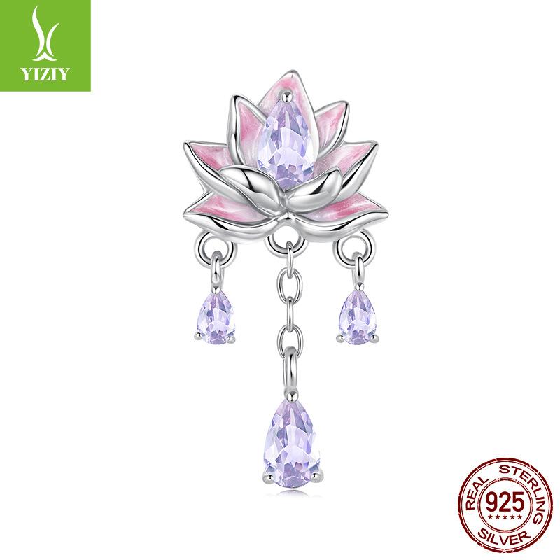 Gradual Change Pink Purple Lotus Diy Silicone Positioning Beads, Sweet Dream Tassel S925 Silver Beads