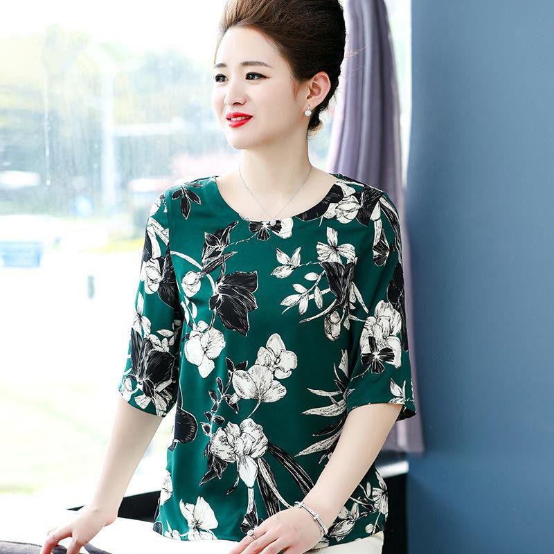 

Летняя футболка из ледяного шелка, большой размер, свободный топ с крышкой на животе, круглый вырез с короткими рукавами, свободная повседневная футболка с принтом, женский повседневный топ XL