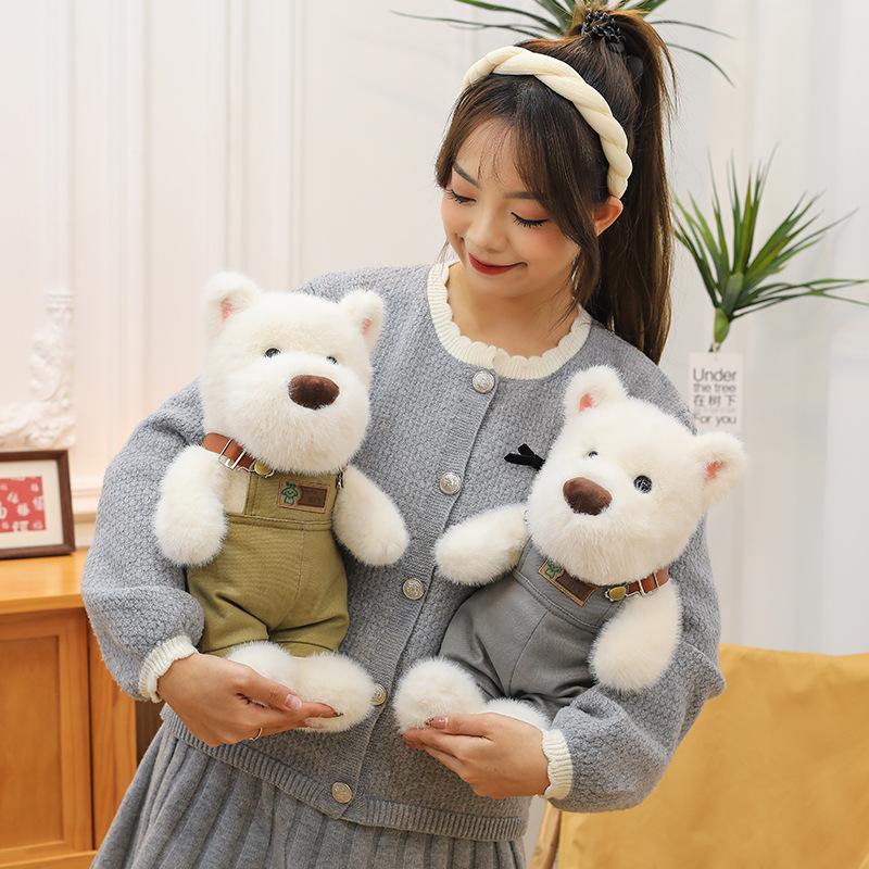 Cute overalls West Highland dog plush toy dressing little white dog doll sleeping doll