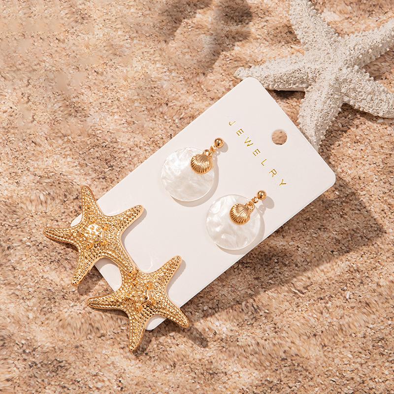 3pcs Gold-plated Pendant Earrings for Women Fashion Starfish Shell Imitation Pearl Earrings Seaside Vacation Stud Jewelry Gift