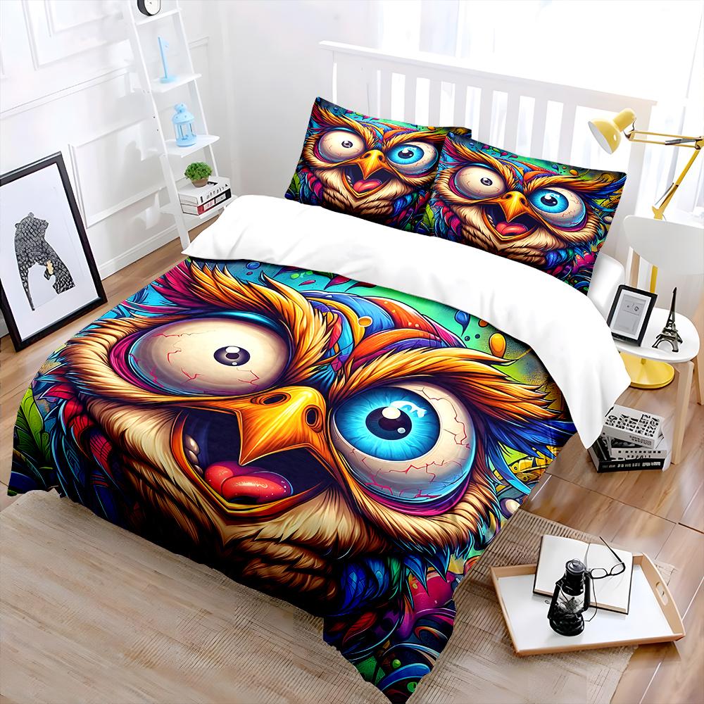 Colorful Exaggerated Owl Art Illustration Bedding Set for Kids Luxury Gift 3pcs Digital Print Comforter Set Soft Comfortable