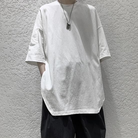 Men T-shirt Solid Color Simple Casual Young Style Friendly to Skin Round Neck Loose Split Hem Half Sleeves Summer Tops Men Clothes