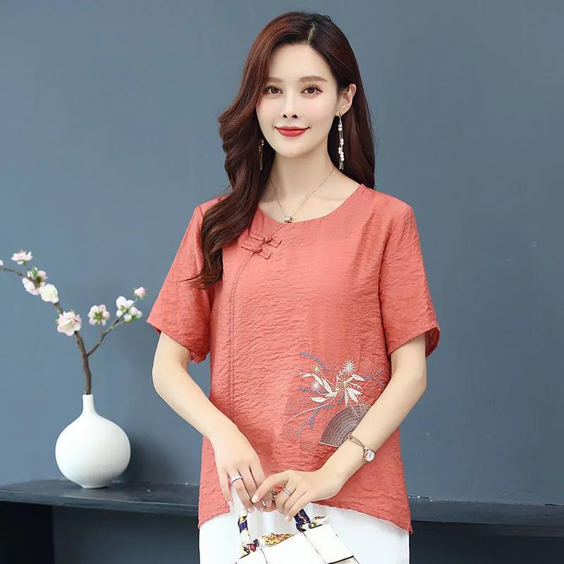 

Женская летняя футболка с коротким рукавом из хлопка и льна с вышивкой в китайском винтажном стиле, свободный и удобный топ XS красный