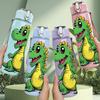 1PC Cute Green Dinosaur Cartoon Print 750ml Color Plastic Sports Water Bottle Leakproof Flip Straw Lid Suitable for Sports Office Home Use