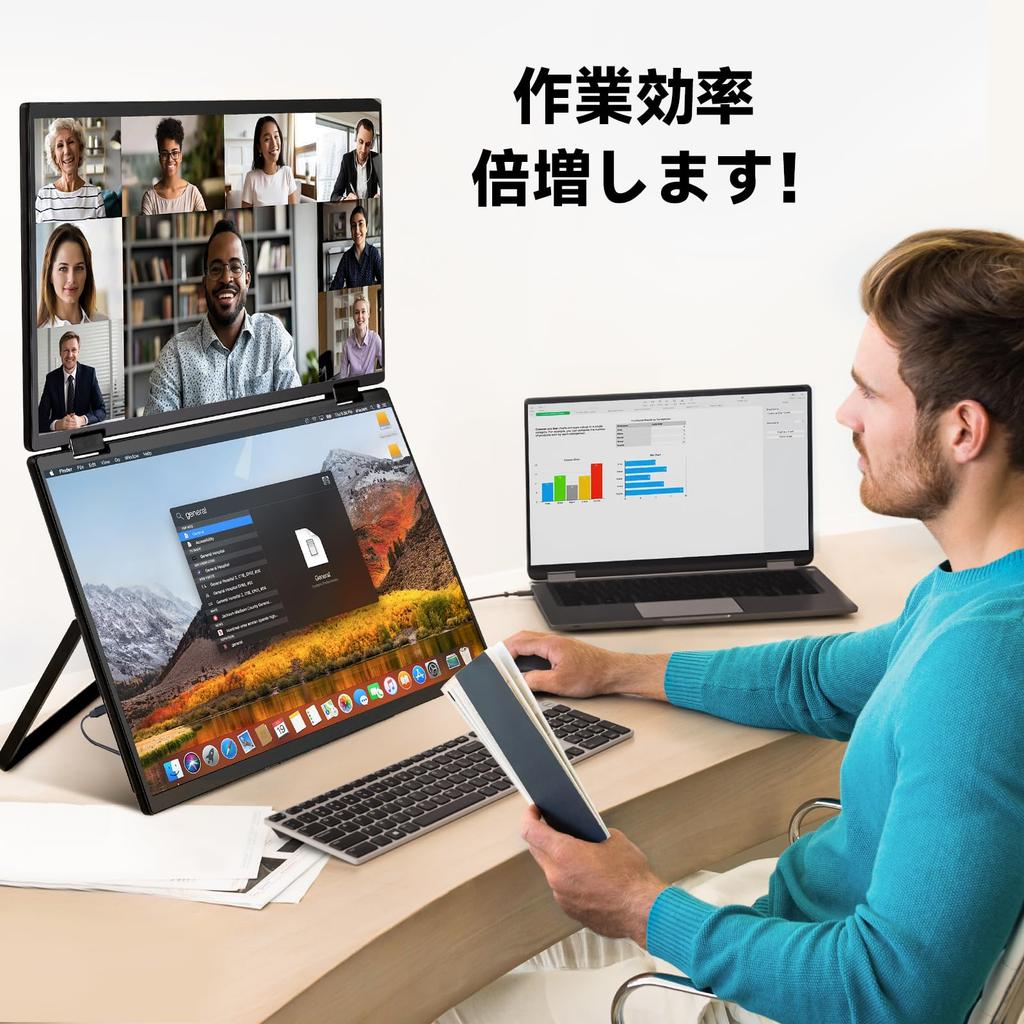 MESWAO Dual Mobile 1920x1080 FHD sRGB Wide Color Foldable Portable VESA Freestanding HDMI Ports Monitor, 15.6-inch, 120% Gamut, Dual-Display Monitor,