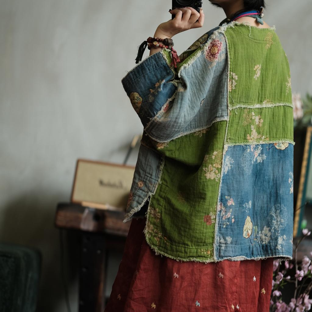 Johnature Women Vintage Patchwork Spring Chinese Style Print Floral O-Neck Long Sleeve Female T-Shirts