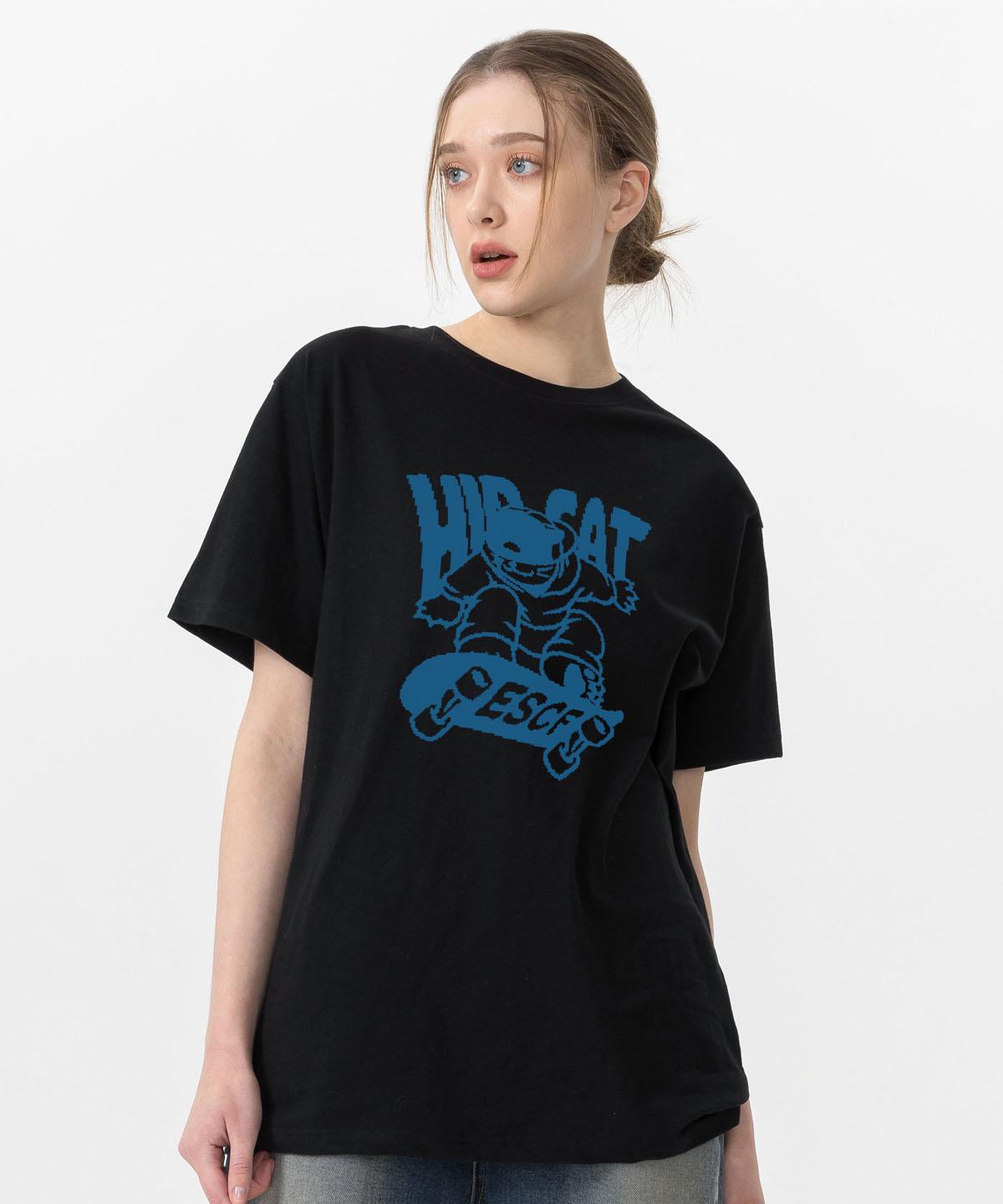 Escape From Blue Hip Cat Skateboard Print Oversized Short Sleeve T-Shirt Black L