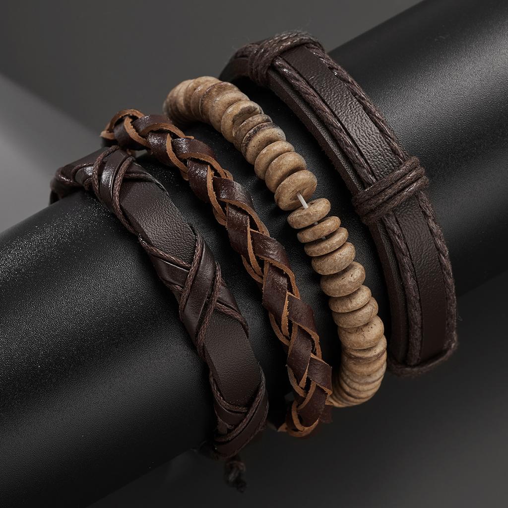 Handmade Vintage Multilayer Men Leaf Leather Bracelet Braided Star Knot Leaf Rope Wood Beads Wrap Bracelets & Bangles Male Gift