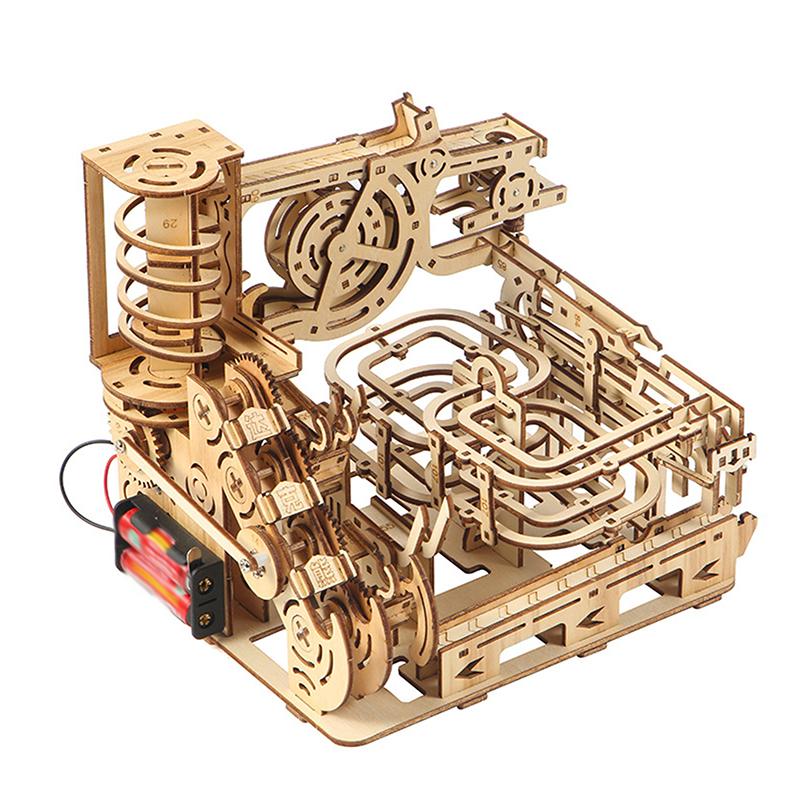 1 Set Marble Run Kit 3D Wooden Spiral Plank Road Puzzles Electric Catapult Track Device Mechanical Model Assembly Gift For Kids