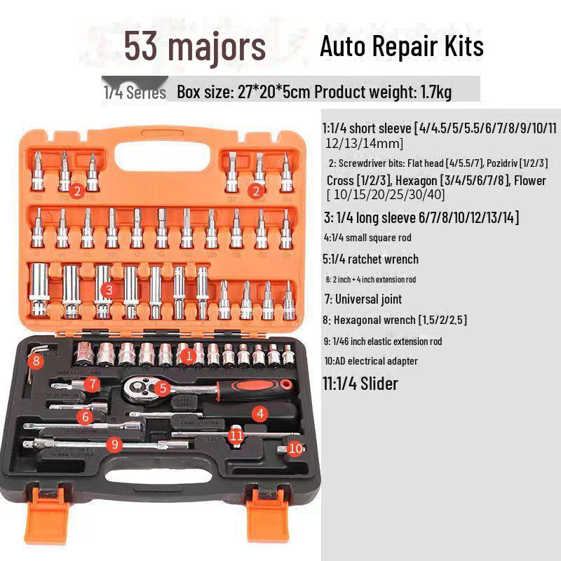 Jeu de 53 pièces de douilles et clé à cliquet 1/4" pour la réparation automobile