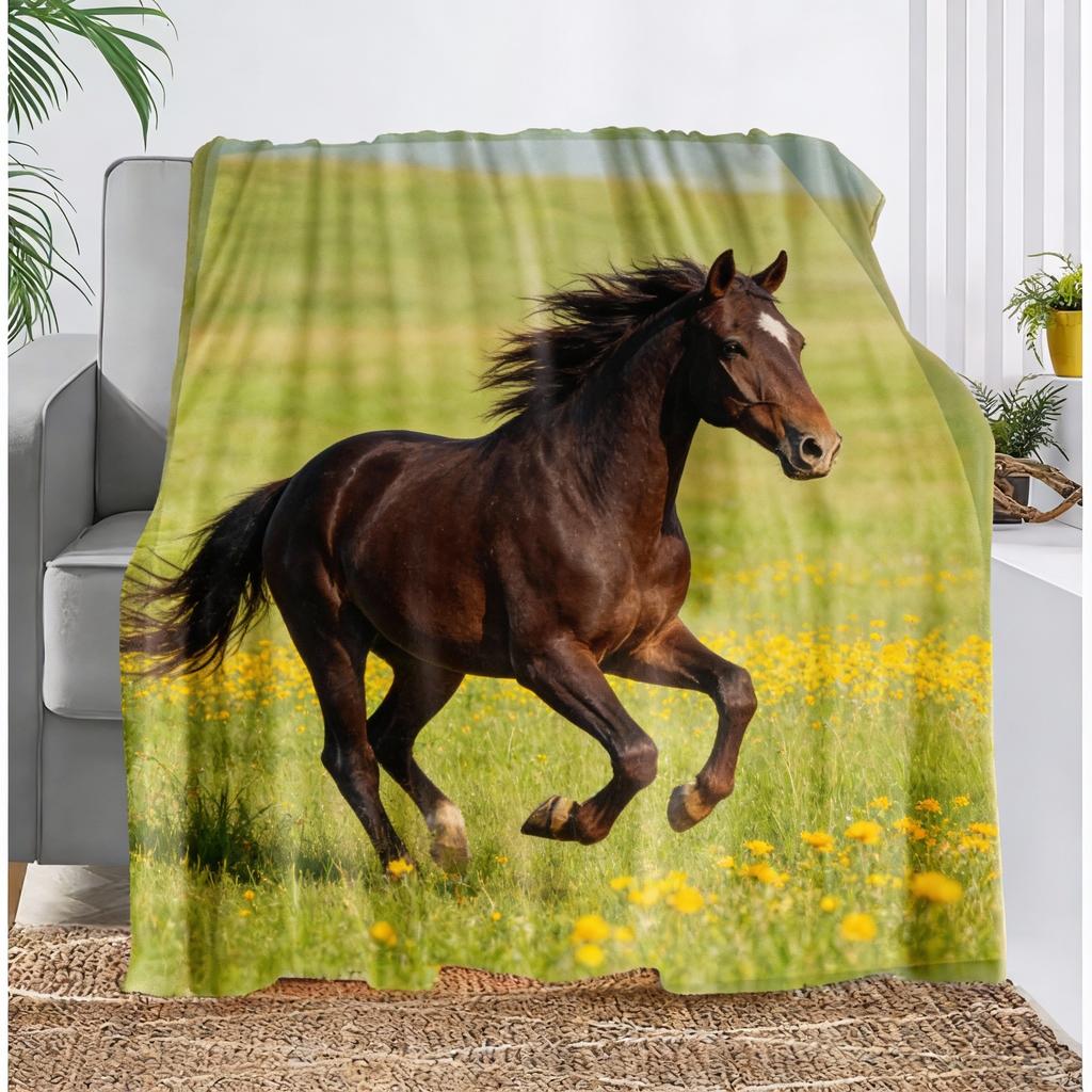 1pc Contemporary Horse Print Flannel Fleece Blanket, 100% Polyester, All Seasons, Tear Resistant, Digital Print, Animal Theme, K