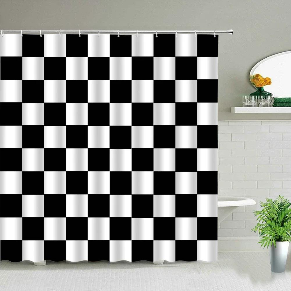 Rideaux de douche à rayures noires et blanches Géométrie Pour décoration de salle de bain Écran Tissu imperméable Rideau de baignoire avec crochets Lavable