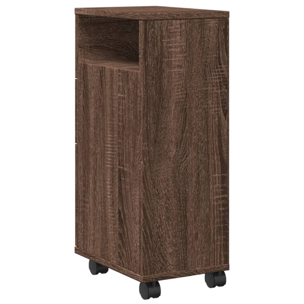 Narrow Bathroom Cabinet with Casters Oak Effect Wood Material