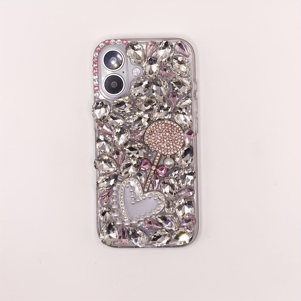 Luxury Fashion Crystal Pink Hardware Lollipop Pearl Heart Drop-Proof Phone Case with Crystal Lanyard, Suitable for iPhone 17 Pro Max / 16 Plus