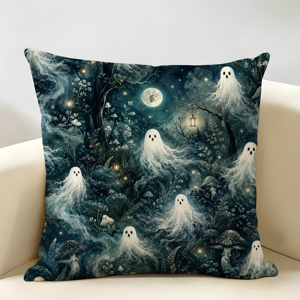 Ghosts Halloween Cushion Cover Natural Linen Organic Fabric Double-Sided Printing Breathable Perfect For Home Decor