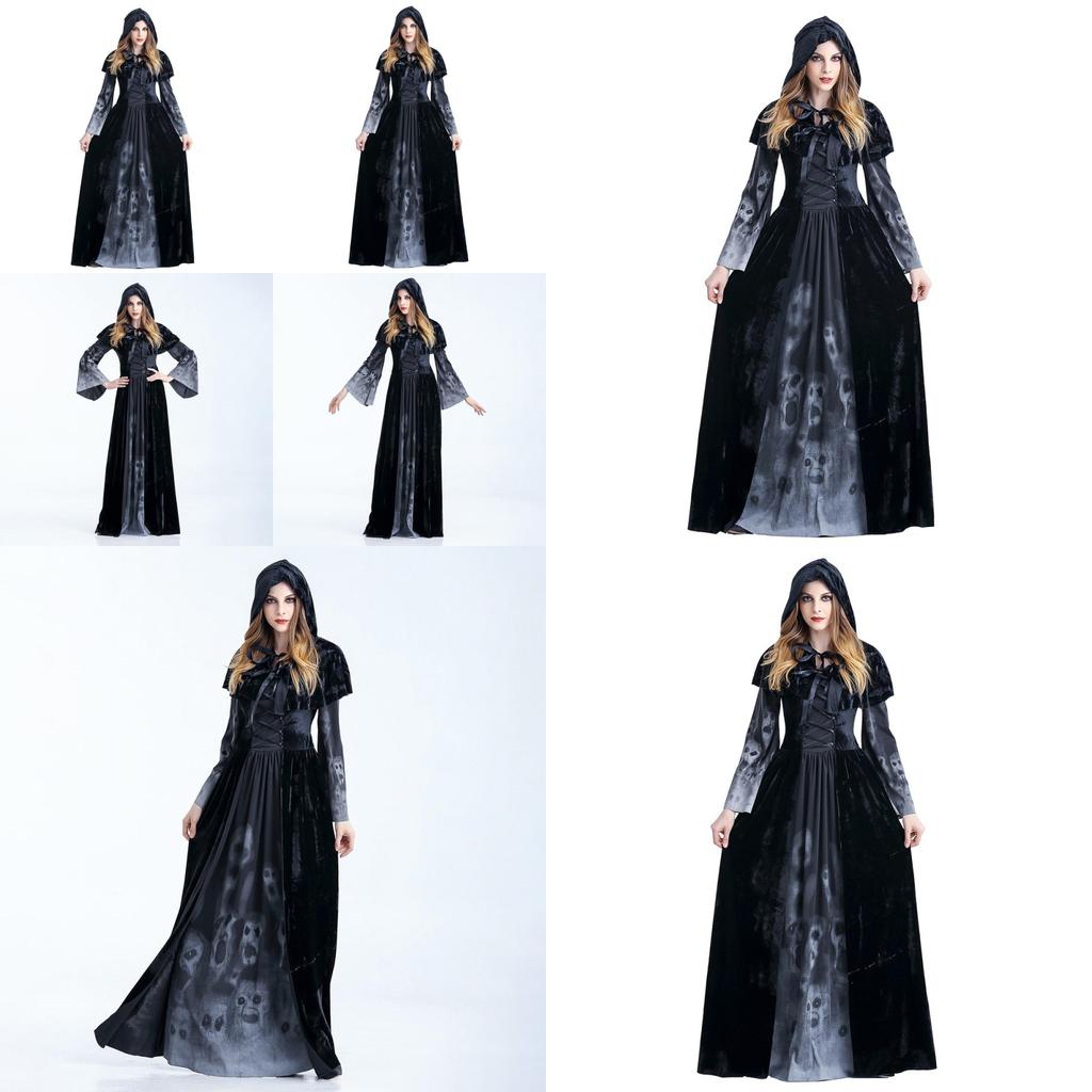 Stylish Halloween Skeleton Print Witch Vampire Costume For Women With Hooded Cloak And Skirt