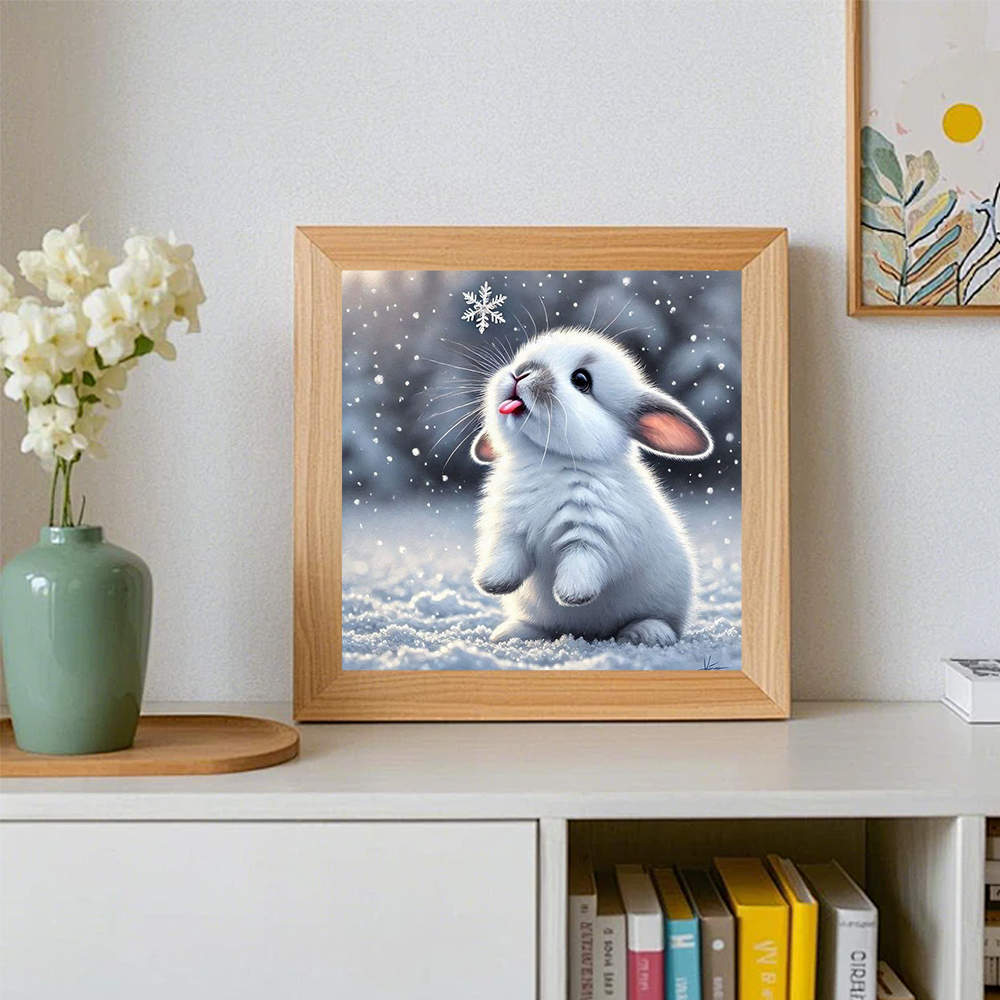 5D DIY Diamond Painting Cute Rabbit in Snow Crystal Canvas Art Full Round Diamond Embroidery Kits Picture Home Decoration