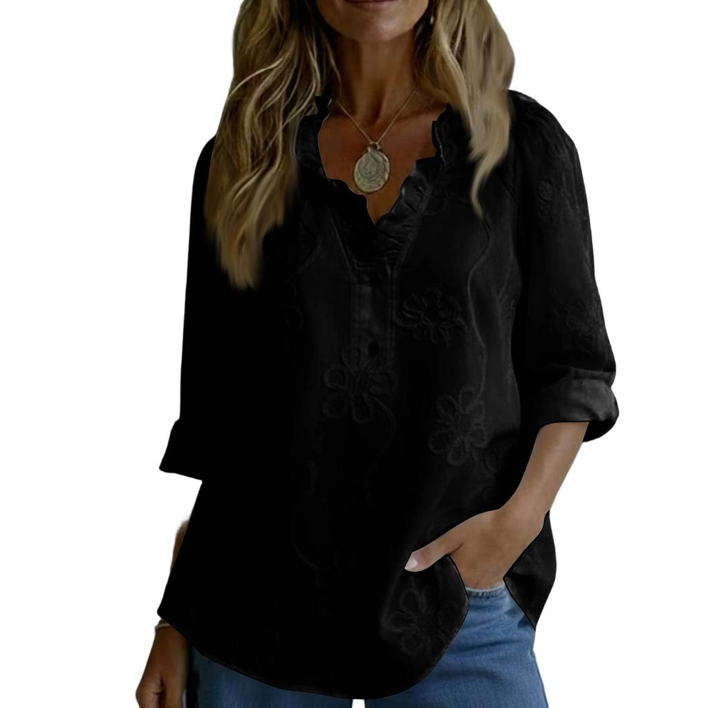 Women's Vintage Floral Embroidered Ruffle Long Sleeve Blouse, Button Down Relaxed Fit Casual Shirt