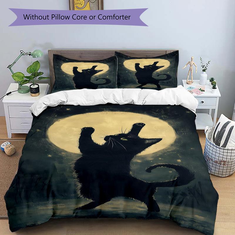 3Pcs Black Cat Moon Night Printed Bedding Set, Breathable And Soft, Machine Washable, Christmas Gift, Suitable for Bedroom Decoration, 15179