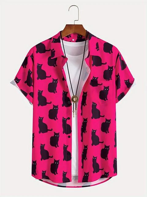 Summer Cute Cat Print Shirt Men's Casual Short Sleeve Hawaiian Casual Button Lapel Shirt For Summer Men Clothing Streetwear